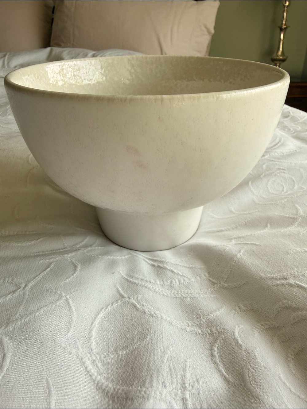 Cream Ceramic Footed Compote Bowl Pedestal Vase Floral Vessel Low Centerpiece